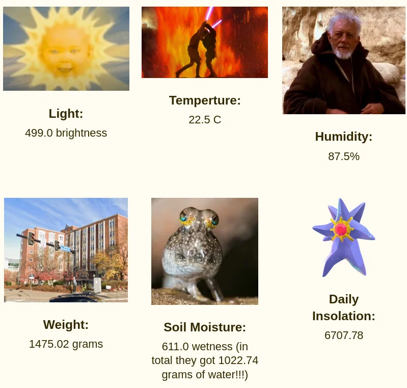 Excerpt from an automated daily status email showing real sensor readings: 499.0 light, 22.5°C temperature, 87.5% humidity, 1475.02g weight, 611.0 soil moisture, and 6707.78 daily insolation.